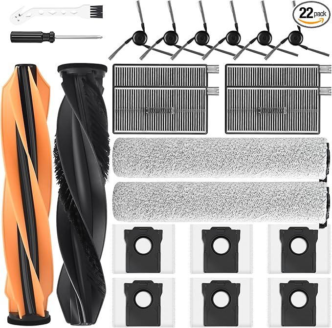 22 Pack Replacement Accessories for Dreame Aqua10 Ultra Roller Robot Vacuum, 1 Pair Main Brush 2 Roller Mops 6 Side Brushes 4 HEPA Filters 6 Dust Bags 1 Cleaning Brush 1 Screwdriver
