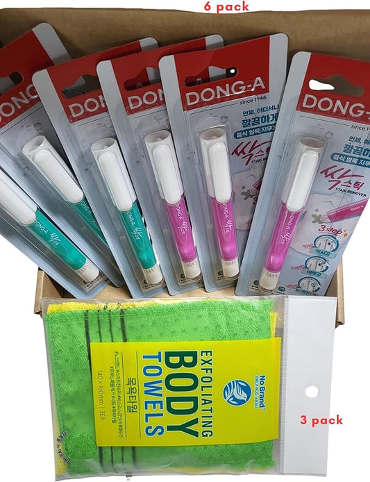 K-Mom's Secret: Portable Instant Stain Remover Pen (6-Pack, Mint & Pink) & Korean Exfoliating Washcloths (3-Pack, Yellow & Green) - Emergency Fabric Eraser for Baby & Kids by bomramtrove