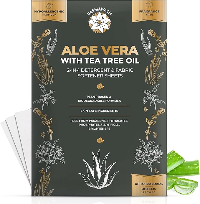 Natural Laundry Detergent Sheets & Fabric Softener | Eco-Friendly|Fragrance-Free & Hypoallergenic Up to 100 Loads | Aloe Vera & Pure Tea Tree Oil | Plant-Based, Biodegradable, Enzyme Powered,Baby Safe