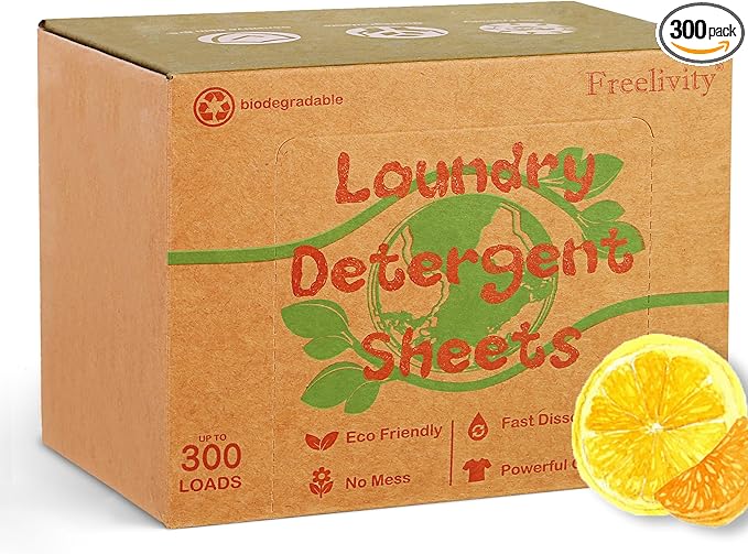 Freelivity Laundry Detergent Sheets, 300 Sheets Lemon Orange - Eco-Friendly Hypoallergenic Plastic-Free LiquidLess Clothes Washing Detergent Supplies for Save Space Travel Camping