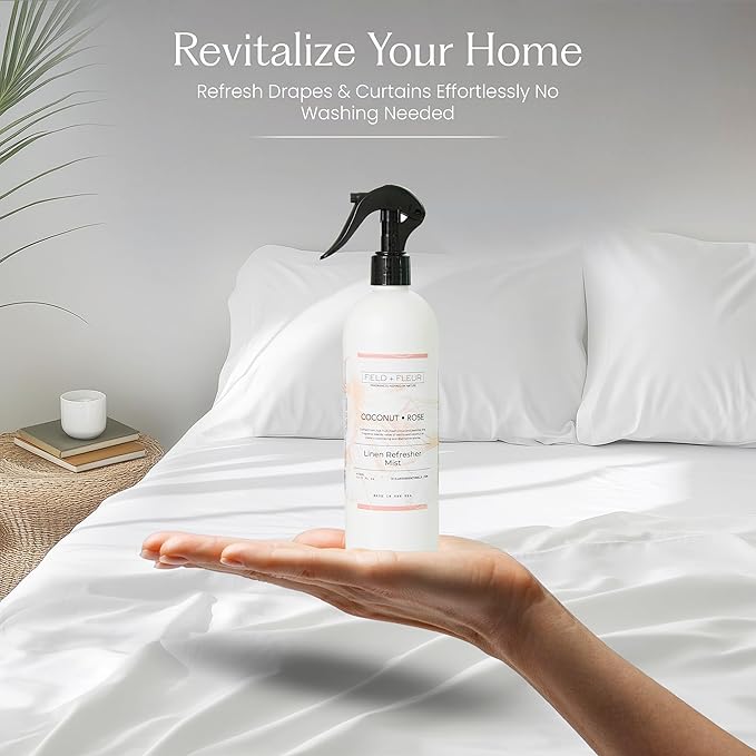 FIELD FLEUR Coconut Rose Linen & Room Spray 15.5 oz - Aromatic & Refreshing Bedding & Fabric Mist - Air Freshener for Clothes & Sofas – Notes of Coconut, Vanilla, Jasmine & Citrus - Made in USA