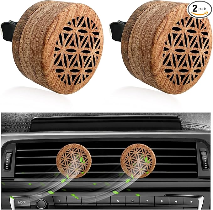 2 PCS Wood Car Essential Oil Diffuser, Wooden Aromatherapy Essential Oils Diffuser with Vent Clip, Wood Vent Clip Air Freshener for Vehicle Office Home Bedroom (Particle Model)