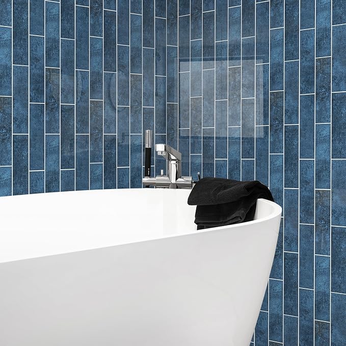 24-Pieces Peel and Stick Tiles for Kitchen Backsplash, New Upgrade Design 12" x 3"SPC Subway Backsplash Tiles, Marble Blue Premium Finger Tiles (Blue).