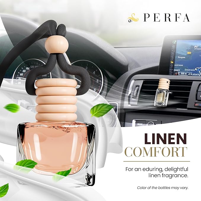 Car Air Fresheners for Men and Women - Linen Comfort | Pack of 2 Car Scents Air Freshener | 4ml Odour Eliminator Diffuser with Essential Oils | Air Fresheners Vent Clip Included by Perfa