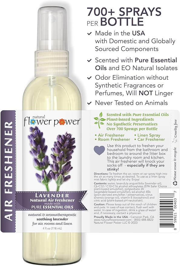 Natural Flower Power Air Freshener Spray - Odor Eliminator with Essential Oils for the Home, Car & Fabric - Cruelty Free & Vegan - 2 Pack with Lavender and Lemongrass - 2 x 4 oz