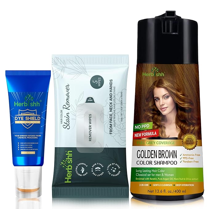 Herbishh Hair Color Shampoo for Gray Hair Golden Brown 400 ML - Dye Shield or Defender - Hair Color Stain Remover Wipes - Travel Pack With 5 Wipes