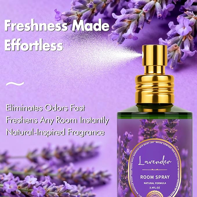 Lavender Room Spray 2 Pack, 3.4oz/100ml Each – Long-Lasting Air Freshener & Odor Eliminator for Home, Bathroom, Bedroom & Office, Concentrated Room Spray