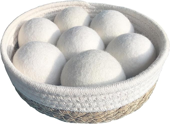 New Zealand Wool Dryer Balls | 7-Pack in Handmade Basket | Speed Up Drying & Reduce Wrinkles | Natural Reusable Fabric Softener