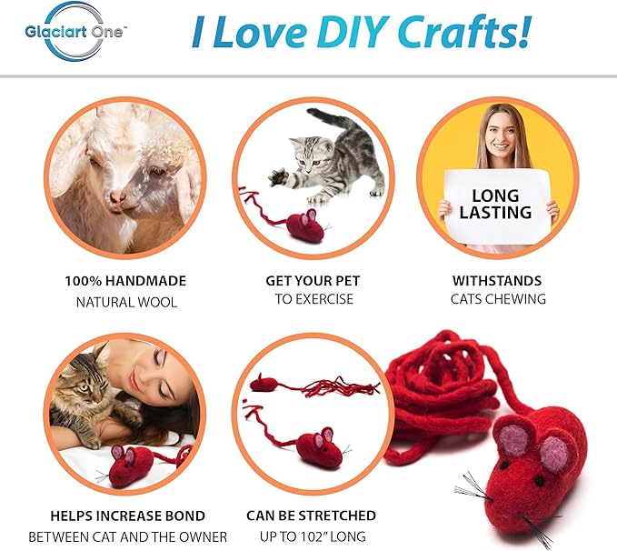 Glaciart One Felt Mouse Cat Toy – Soft Fuzzy Enrichment 100% Natural Wool - Interactive Catnip Play Cat Toy Set - Safe for Pets, Non-AZO Colored Dyes - 100” Long