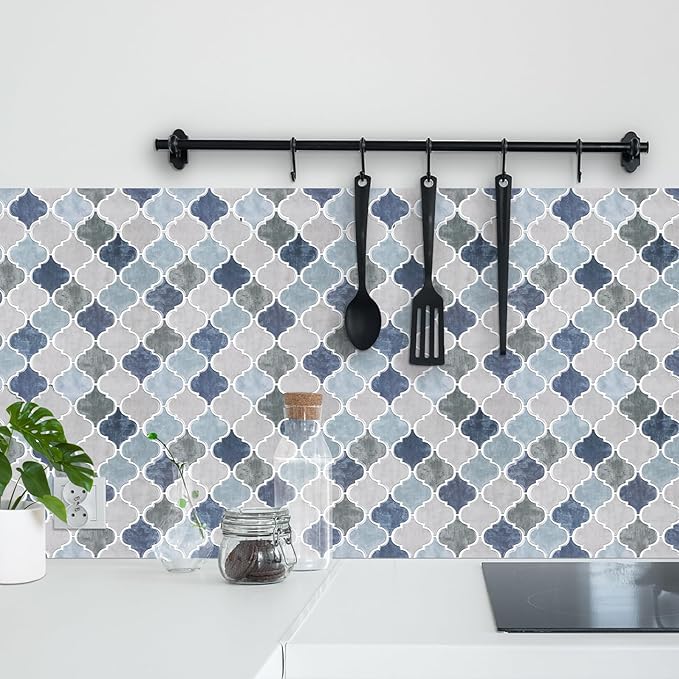 Arabesque Peel and Stick Backsplash for Kitchen, Thicker Design 3D Self Adhesive Wall Tile, 12"x12" Peel and Stick Wall Tiles, 10-Sheet Stick on Tiles for Kitchen and Bathroom (Mix Blue).
