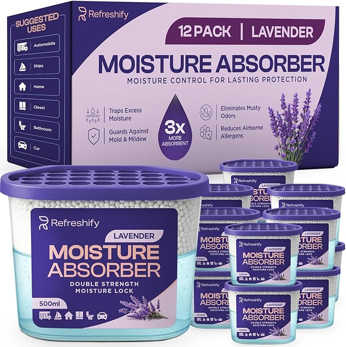 Premium Moisture Absorbers and Dehumidifier Tubs – High-Efficiency Closet Dehumidifier and Dehumidifier for Car, Odor Control Lavender, 12 Pack, 7.5 Oz