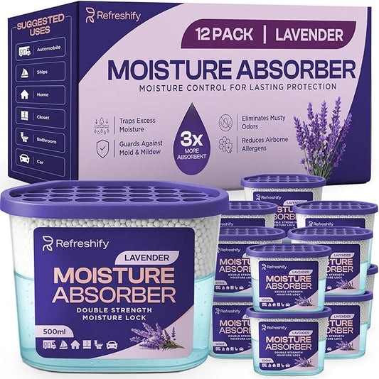 Premium Moisture Absorbers and Dehumidifier Tubs – High-Efficiency Closet Dehumidifier and Dehumidifier for Car, Odor Control Lavender, 12 Pack, 7.5 Oz