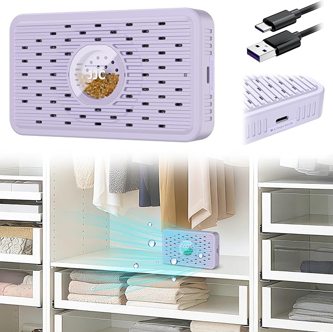 Auto Power-off Cordless Rechargeable Mini Dehumidifier Desiccant,Electric Moisture Absorption Silica Gel Packet for Storage Totes Jewelry Display Cabinet Guitar Case Drawer Photo Album Document-Purple