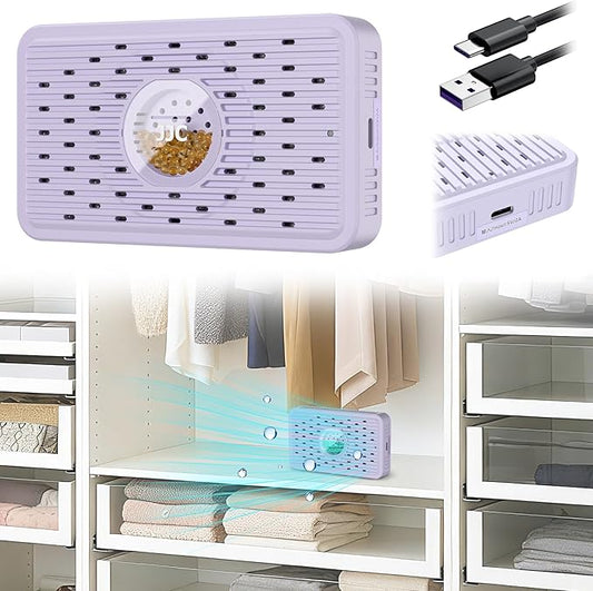 Auto Power-off Cordless Rechargeable Mini Dehumidifier Desiccant,Electric Moisture Absorption Silica Gel Packet for Storage Totes Jewelry Display Cabinet Guitar Case Drawer Photo Album Document-Purple