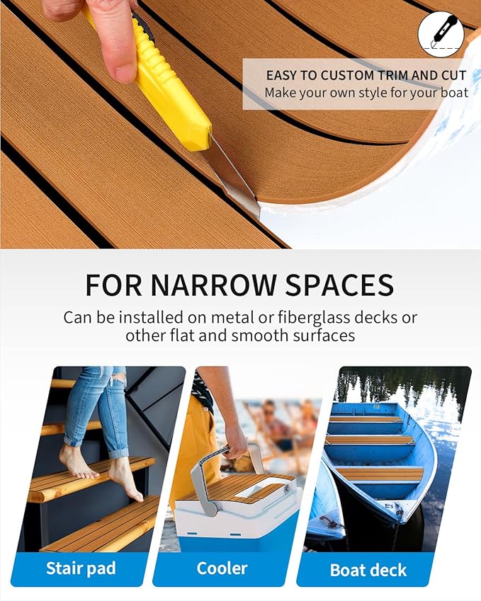 OCEANBROAD EVA Foam Boat Flooring with 3M Adhesive Backing Marine Self-Adhesive Decking 96''x45.6''/36''/28.8''/16.8'', 48''x16.8'' Faux Teak Sheet for Jon Boats Swim Platform Helm Pad RV Floor