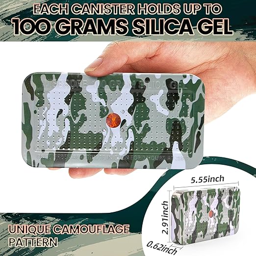 100 Gram Camouflage Gun Safe Dehumidifier Silica Gel Canister Rechargeable Dehumidifier Desiccant Reusable Indicating Desiccant Moisture Absorber with Visible Window [30PACK]