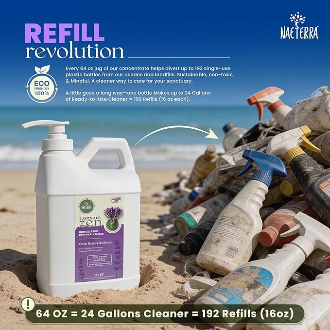 Naeterra Lavender Zen All-Purpose Cleaning Concentrate Kit – 64 oz Jug Makes 24 Gallons | Includes 16 oz Amber Glass Spray Bottle | Plant-Based, Essential Oil Scented, EWG Green-Rated Ingredients