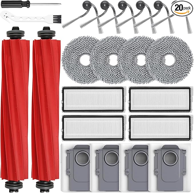 22 Pack Replacement Accessories Kit Compatible with Roborock QV 35A/QV 35S Robot Vacuum, 2 Main Brush, 6 Side Brush, 4 HEPA Filter, 4 Mop Pads, 4 Dust Bag