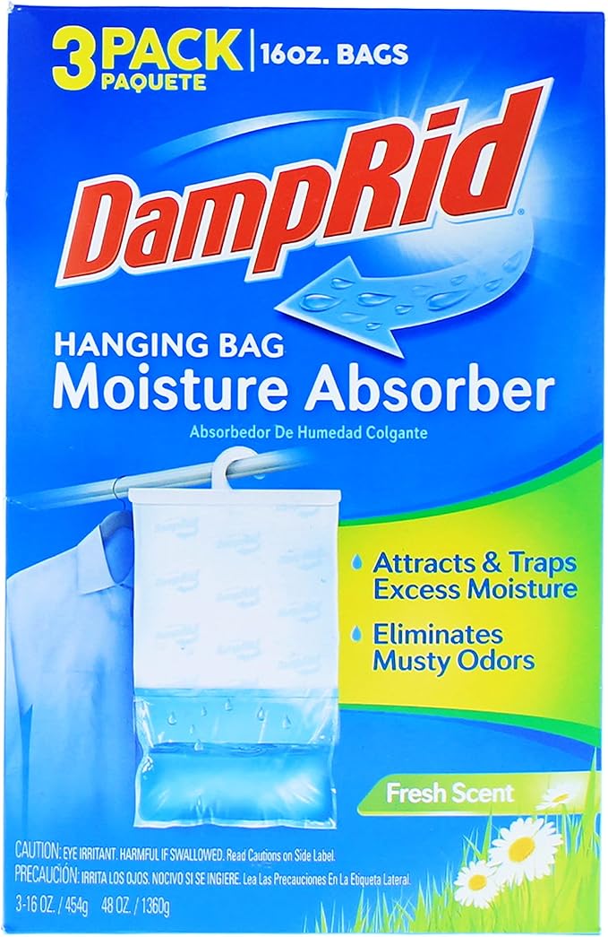 DampRid Hanging Bag, Moisture Absorber, Pack of 3 (16 oz. ea.), 3 Pack, Blue