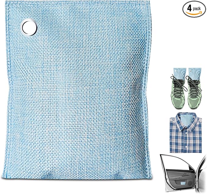 4 Pack charcoal odor absorber,Bamboo Charcoals Air Purifying Bag Charcoals Deodorizer Eliminator for Strong Odors in Car, Closet, Shoe, Basement (200G*4 Pack Light Blue, Unscented)