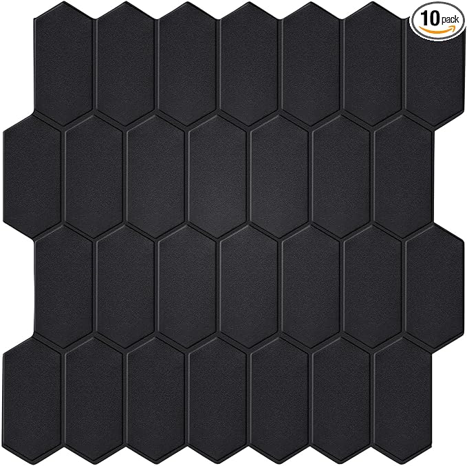 Matte Black Long Hexagon Peel and Stick Wall Tiles for Kitchen, 10-Sheet Stick on Tiles Backsplash for Bathroom, Large Self-Adhesive Kitchen Backsplash (12''×12'')