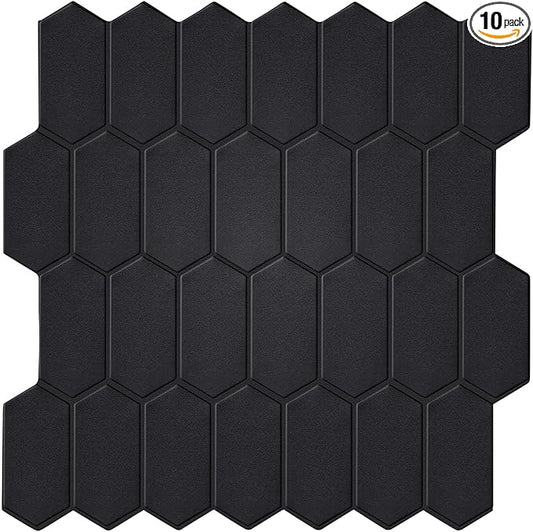 Matte Black Long Hexagon Peel and Stick Wall Tiles for Kitchen, 10-Sheet Stick on Tiles Backsplash for Bathroom, Large Self-Adhesive Kitchen Backsplash (12''횞12'')