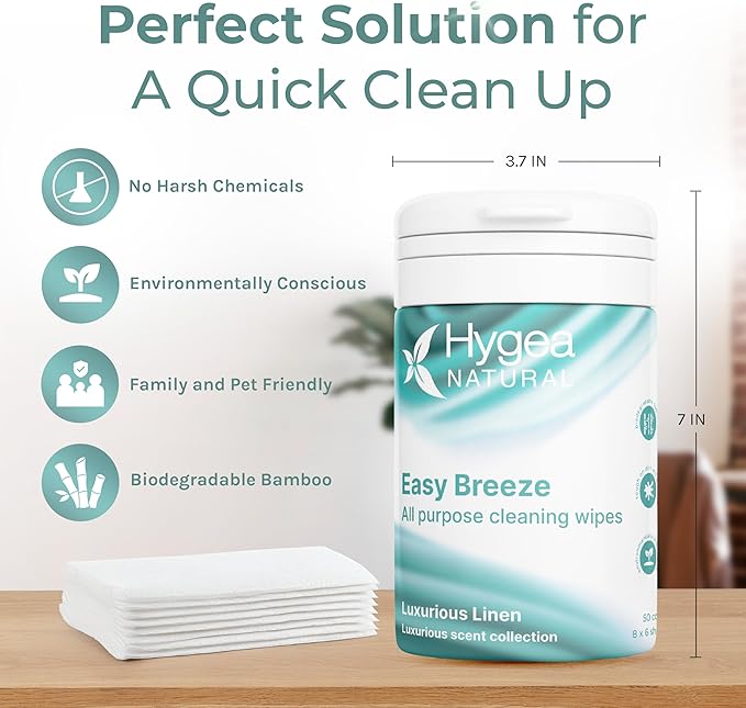 Hygea Natural EasyBreeze All Purpose Cleaning Wipes - Biodegradable Bamboo Wipes for Multi-surface Cleaning - Environmentally Responsible - Luxurious Linen Scented (4 Packs of 50 Each)