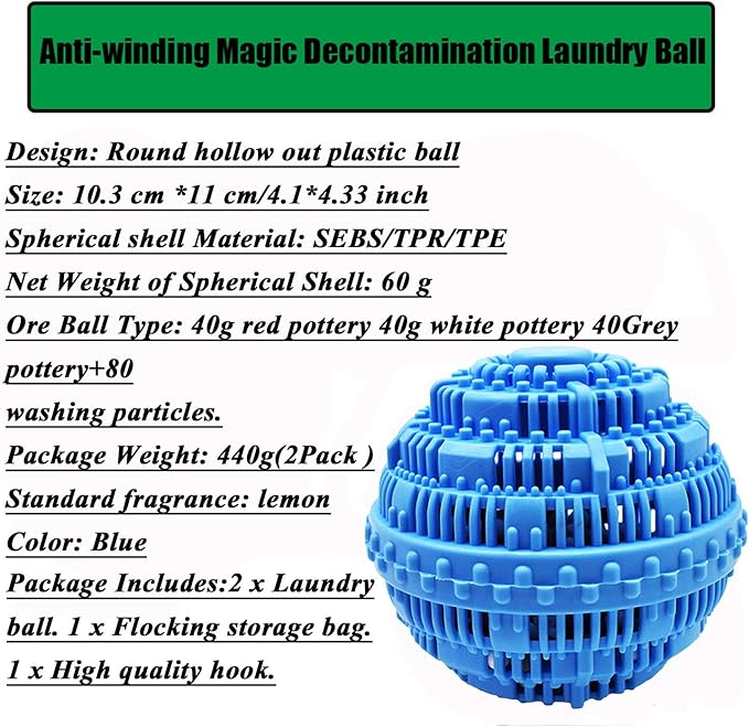 2Pcs Premium Washing Ball, Super Soft Shell Doesn't Hurt Clothes, Advanced ceramic balls, Eco-Friendly Laundry Balls,2000 Washing Cycle Laundry Balls, All Natural Detergent(Benzo Blue) …