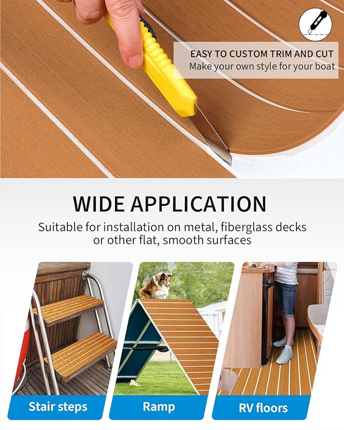 OCEANBROAD EVA Foam Boat Flooring with 3M Adhesive Backing Marine Self-Adhesive Decking 96''x45.6''/36''/28.8''/16.8'', 48''x16.8'' Faux Teak Sheet for Jon Boats Swim Platform Helm Pad RV Floor