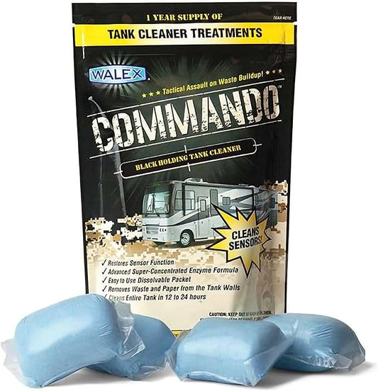 Walex Commando RV Black Holding Tank & Sensor Cleaner - Eliminates Waste & Paper Buildup, Restores Sensor Function, Lubricates Valves & Seals, Advanced Enzyme Formula; Dissolvable Packets, 4 Count