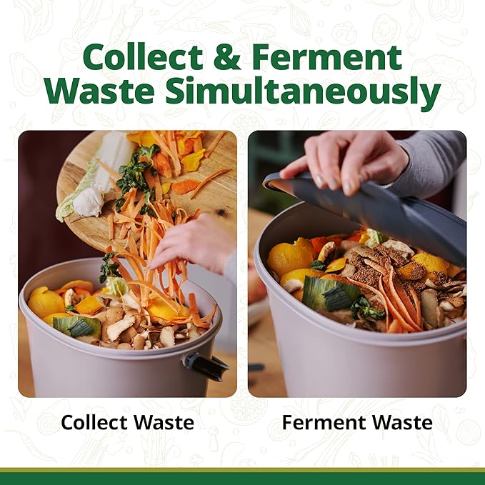 TeraGanix Bokashi Compost Starter Kit, Essential Set + Base, Indoor Composting, 2X 15.3L (4 gal) Bins, Collect & Ferment Waste, Airtight, No Pests or Odors, Bokashi Rice Bran Included, (Black)