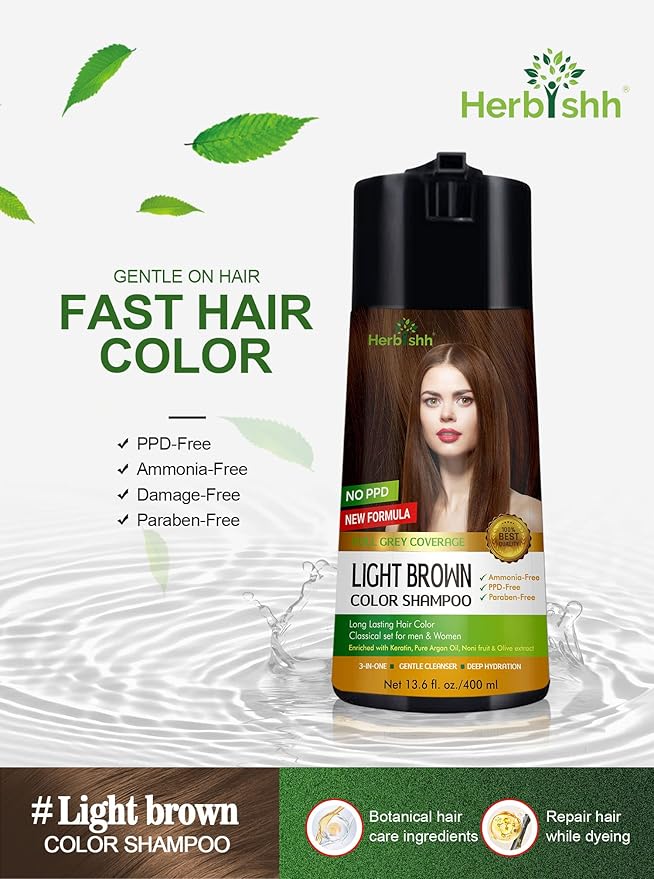 Herbishh Hair Color Shampoo for Gray Hair Light Brown 400 ML - Dye Shield or Defender - Hair Color Stain Remover Wipes - Travel Pack With 5 Wipes