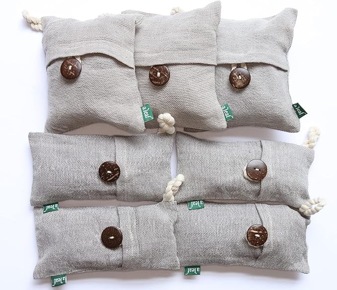 Bamboo charcoal air purifying bag, Naturally Dyed and Canada-Made odor absorber, a scent free, chemical free activated bamboo charcoal smell eliminator 3 large and 4 small light grey color bags