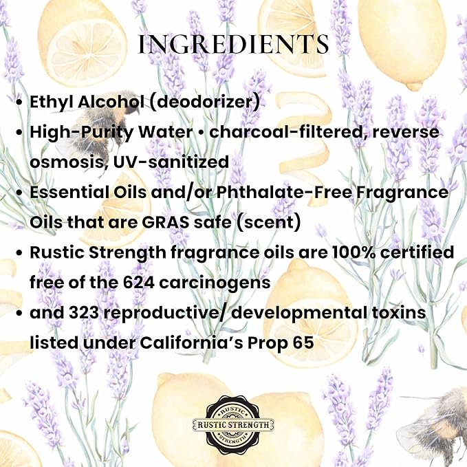 Rustic Strength Linen Spray, Lavender Lemon Scent, Fabric Freshener, 4 fl oz, Natural Essential Oils, Ammonia Free, Phthalate Free