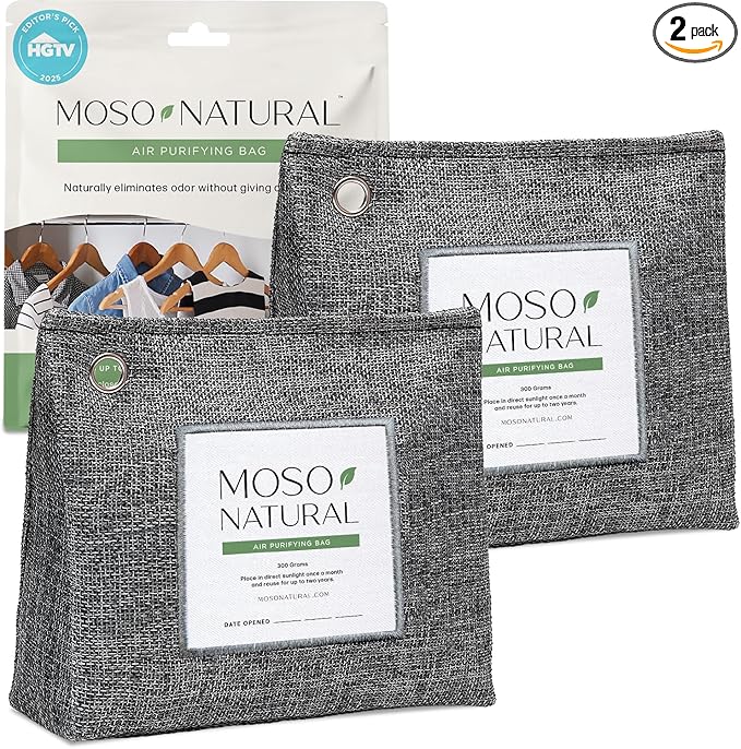 Moso Natural Air Purifying Bag 300g (10.58oz) Premium Bamboo Charcoal Odor Absorber for Home & Pet, Closet Odor Eliminator & Small Room Deodorizer, Unscented Charcoal Bags Last 2 Years (2 Pack)