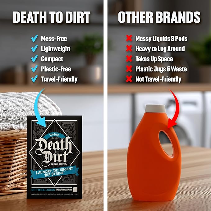 Death to Dirt Laundry Detergent Sheets, 64 Loads, Tough on Stains and Odors, Gentle on Skin and Fabric, Plant-Based & Eco-Friendly, RipTide Ocean Scent, 32ct
