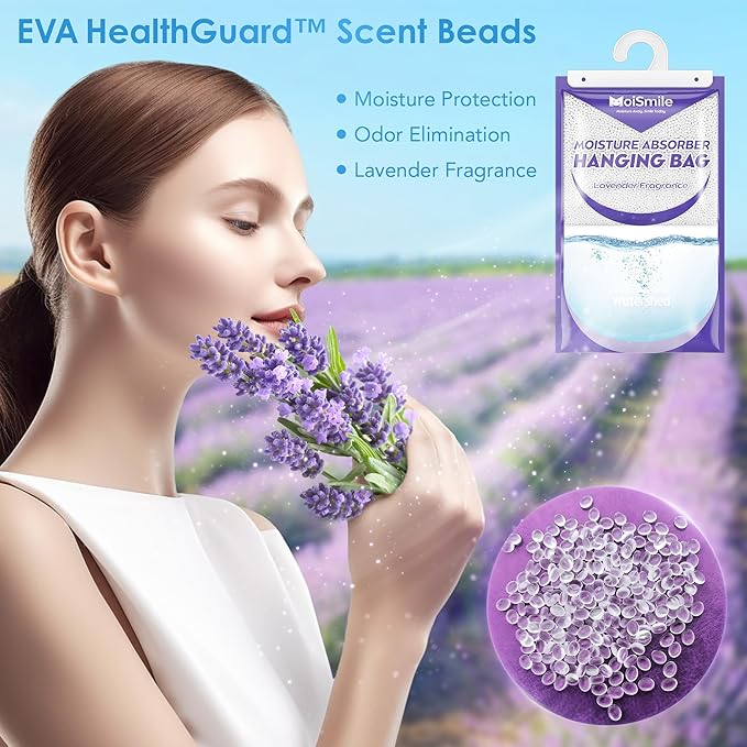 Hanging Moisture Absorbers 3 Pack Net Wt. 17.5oz/Pack, Lavender Fragrance Closet Dehumidifier Bags, Odor Eliminator & Humidity Absorber, Humidity Packs for Bathroom, Bedroom, Basement, Car, RV & Boat