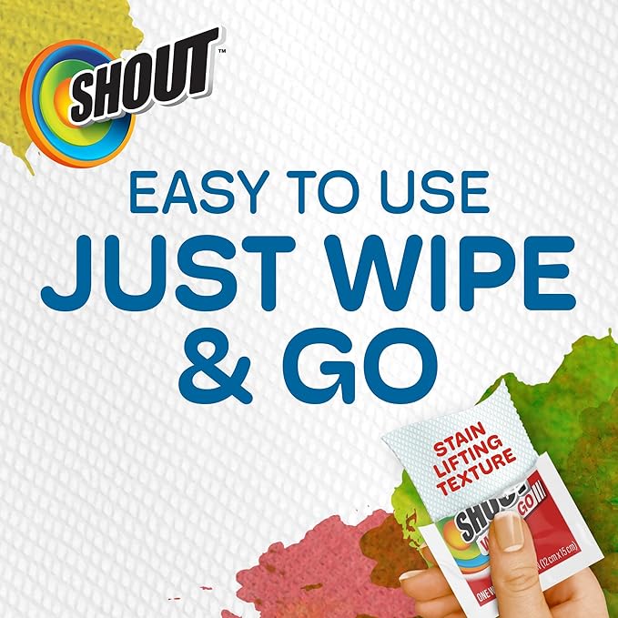 Shout Wipe & Go Instant Stain Remover Wipes, No Wash Required, Safe on Colorfast Washables, Travel & Baby Diaper Bag Essentials, Removes Grass, Coffee, Makeup & More, 12 Wipes (Pack of 1)