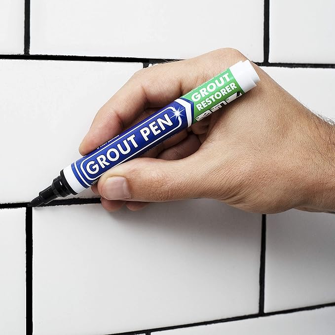 Grout Pen Tile Paint Marker: Black Narrow 5mm with 5 Pack Replacement Tips - Waterproof Grout Colorant and Sealer Pen to Renew, Repair, and Refresh Tile Grout - Cleaner Coating Stain Pens