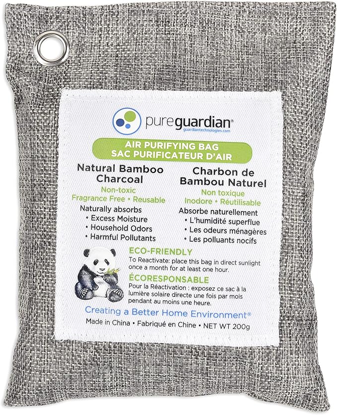 PureGuardian CB200 Bamboo Charcoal Air Purifying Bag, Eco-Friendly, Naturally Absorbs Odors, Excess Moisture and Pollutants, 200g, Gray