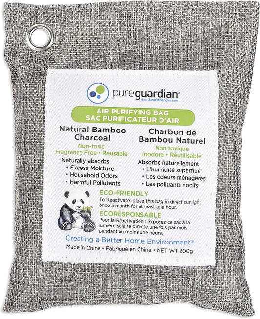PureGuardian CB200 Bamboo Charcoal Air Purifying Bag, Eco-Friendly, Naturally Absorbs Odors, Excess Moisture and Pollutants, 200g, Gray