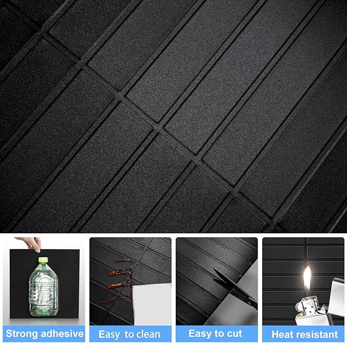 Peel and Stick Finger Tiles for Kitchen, Premium Large Design Matte Black Tiles Stick on Backsplash for Bathroom, Kitchen, RV, Etc（10-Sheet,12''×12''）.