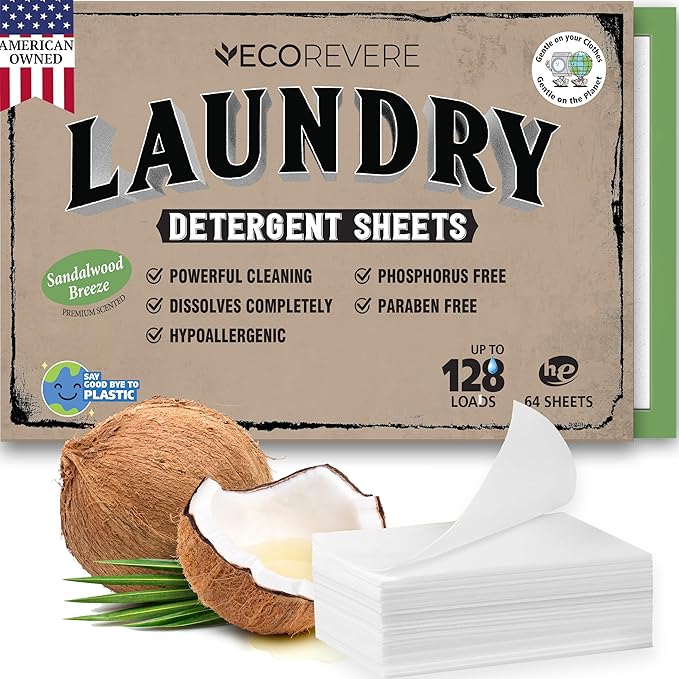 Laundry Detergent Sheets - Eco Friendly Hypoallergenic for sensitive skin, Natural Plant Based Washer Sheets, Travel Laundry Detergent, Chemical Free, Sandalwood Scent (64cnt/128 Small Loads)