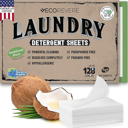 Laundry Detergent Sheets - Eco Friendly Hypoallergenic for sensitive skin, Natural Plant Based Washer Sheets, Travel Laundry Detergent, Chemical Free, Sandalwood Scent (64cnt/128 Small Loads)