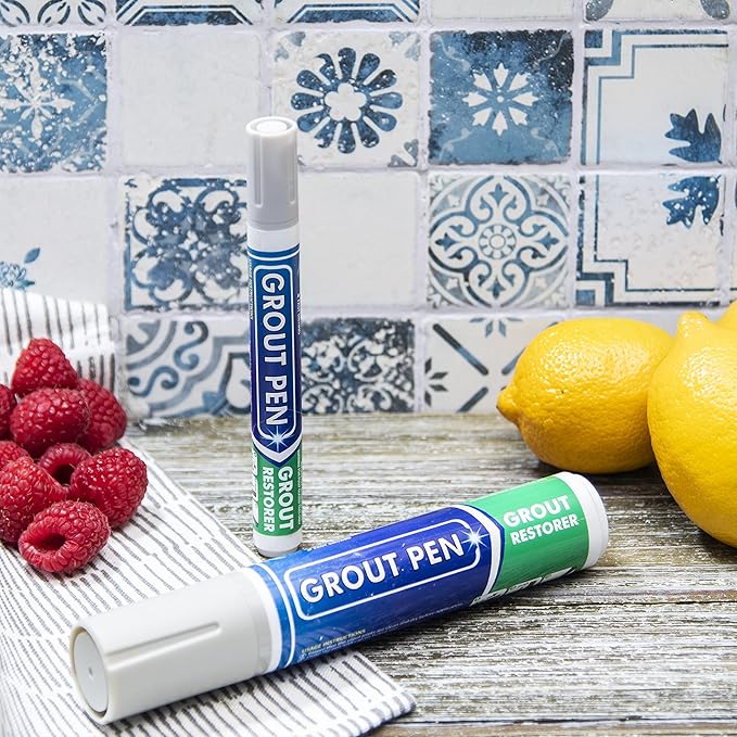 Grout Pen Tile Paint Marker: Waterproof Grout Colorant and Sealer Pen to Renew, Repair, and Refresh Tile Grout - Cleaner Coating Stain Pens - 2 Pack, 5mm Narrow and 15mm Wide Tip Pen - Winter Grey