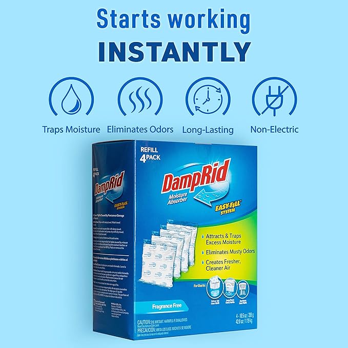 DampRid 10.5 oz Fragrance Free Absorber Easy Fill Refill Packs-4 Count – Attracts & Traps Moisture for Fresher, Cleaner Air, Blue/White (Pack of 5)