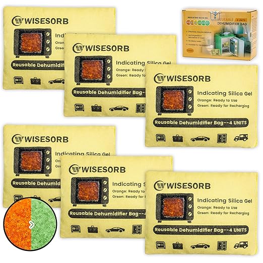 6 Pack 120G Reusable Silica Gel Desiccant Dehumidifier Bags, Color Indicating Moisture Absorbers for Car, Closet, Garage, 3D Filaments, Emoisture, Microwave Rechargeable Reusable Drying Bags