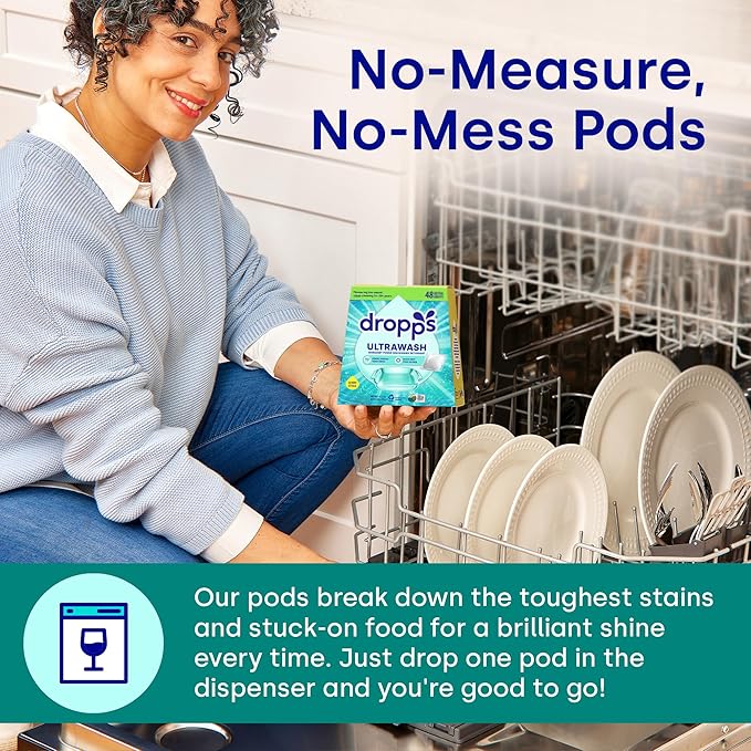 Dropps UltraWash Dishwasher Detergent Pods, Lemon Citrus (32 Ct) - Cuts Grease & Stuck-On Food | Sparkling Dishes & Glasses | Residue-Free | Clean Ingredients | No Pre-Rinse | Plastic Free Packaging