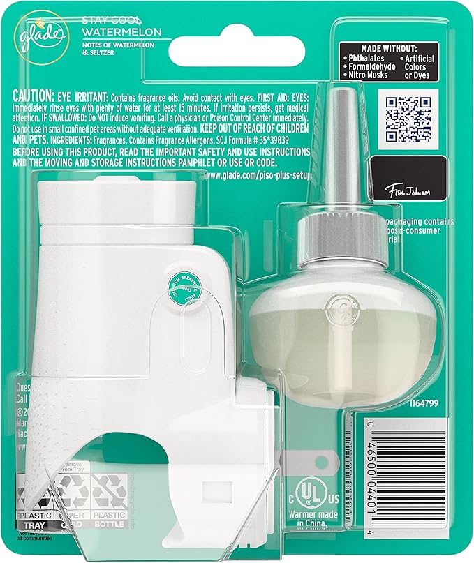 Glade PlugIn Plus Air Freshener Starter Kit, Scented Oil for Home and Bathroom, Stay Cool Watermelon, 0.67 Fl Oz, 1 Warmer + 1 Refill Clear
