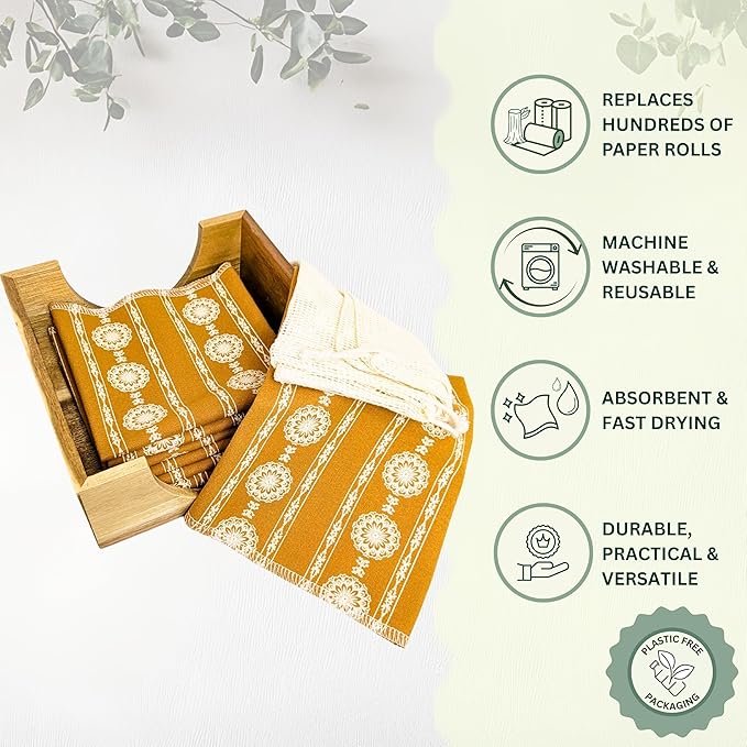 Reusable Paper Towels with Holder | Eco Friendly Kitchen Gift Set | 12 Gold Ochre Organic Cotton Towels, Sustainable Acacia Holder, Wash Bag | Vintage French Country Zero Waste Kit